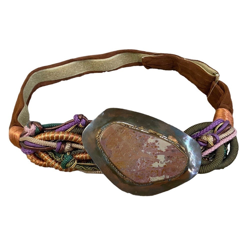 Vintage 80s Boutique Large Stone Rock Braided Rope Knotted Brass Gold Suede Belt - Picture 2 of 10